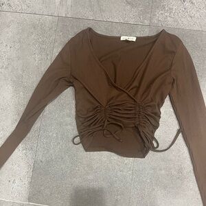 Chic Brown Ruched Wrap Blouse